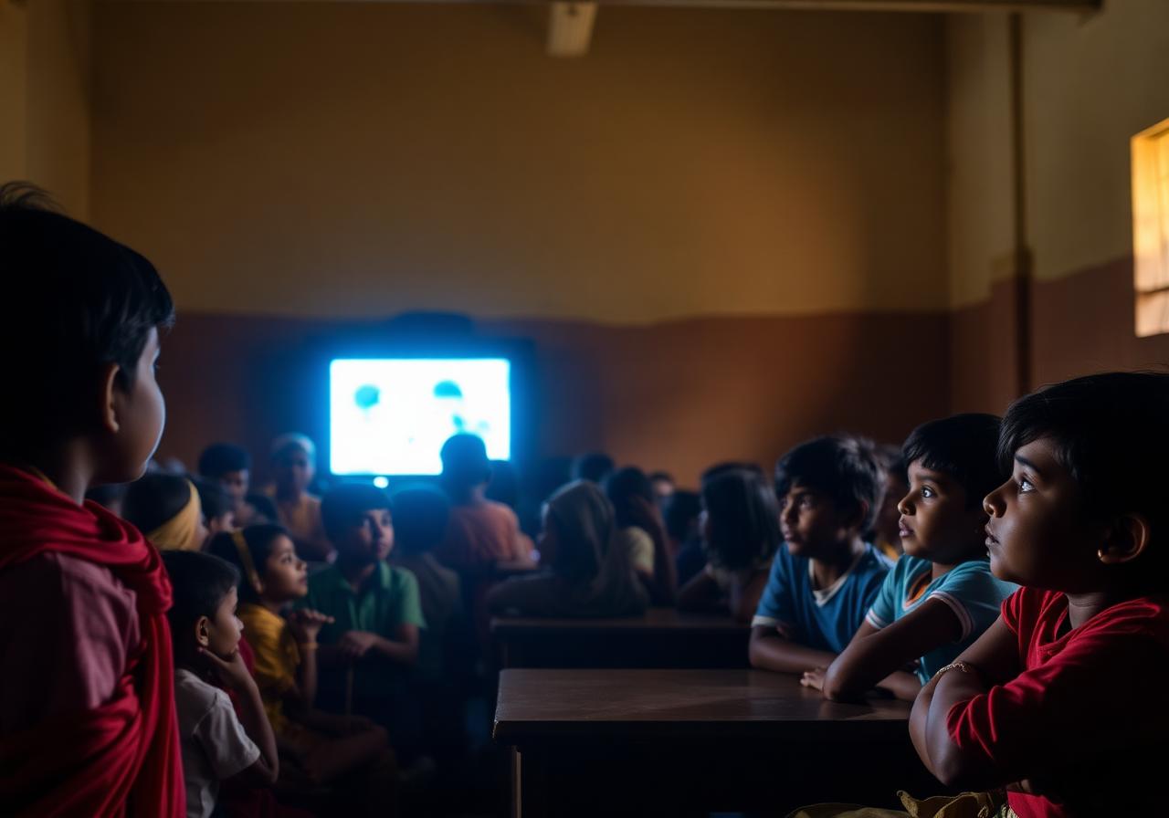 Children in an Indian classroom watching a DOOH screen